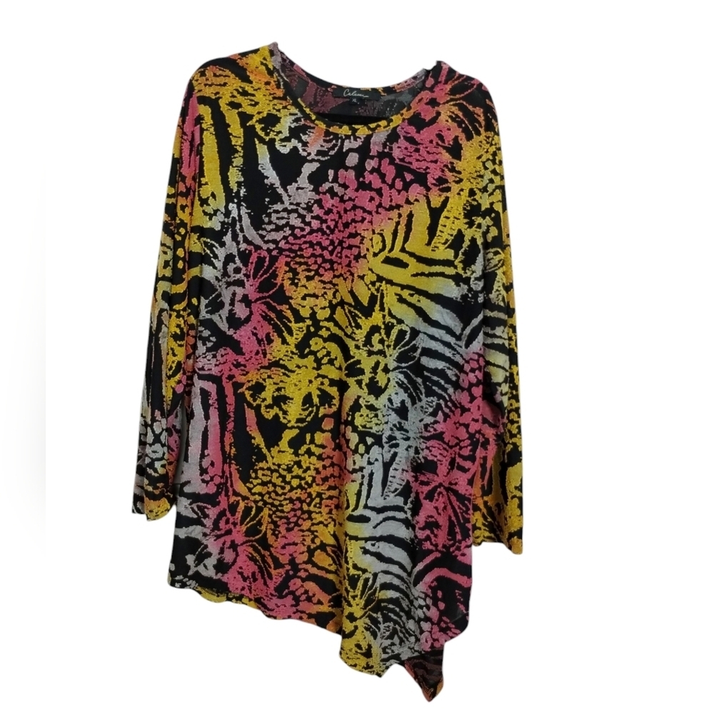 Y2K Caleoos‎ Women's Boho Animal Ombre Asymmetrical Top size XL Textured Wild